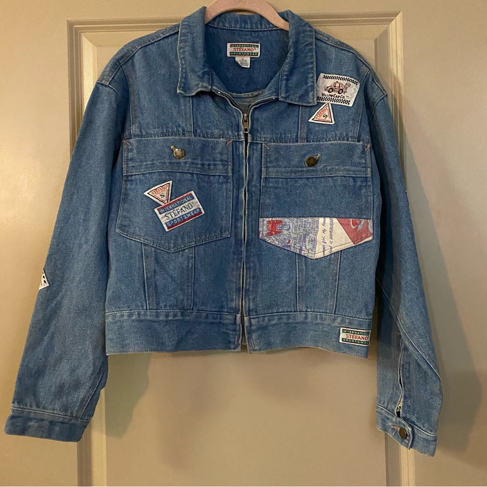 VTG Stefano 80s Blue Patchwork Light Wash Cropped Jean Jacket Denim Size M